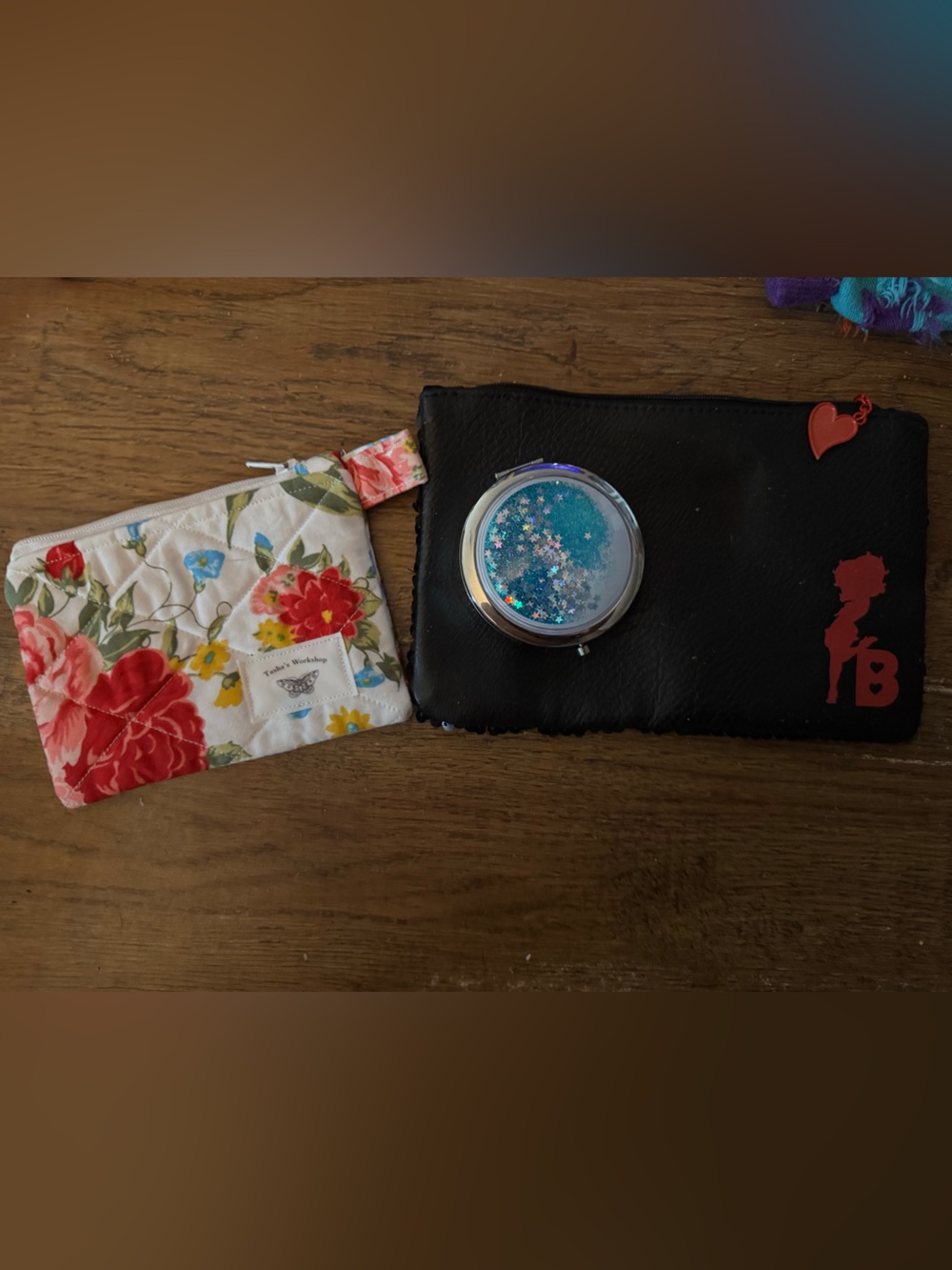 Betty Boop Black Clutch Bag and Glitter Mirror pill case w/ floral pouch